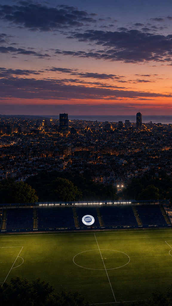Barcelona skyline at sunset above the club pitch