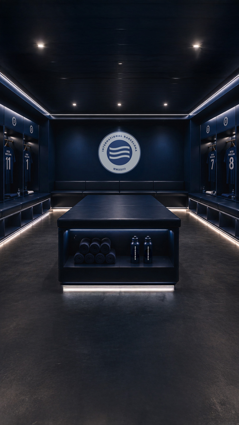 Inter Barcelona locker room with the tactical table at its centre