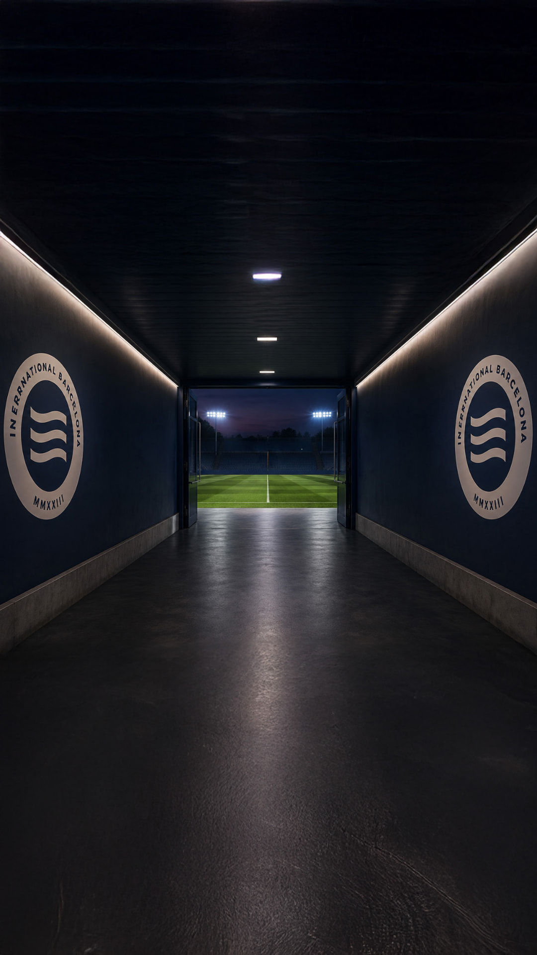 Player tunnel opening onto the floodlit pitch